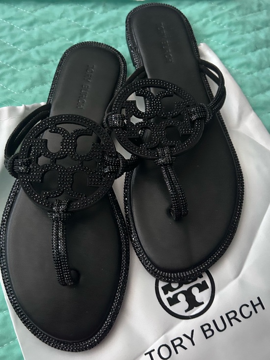 Tory Burch Shoes - Tory Burch Black Beaded Logo Thong Sandals